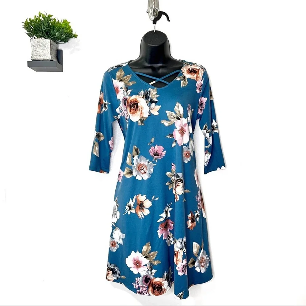 Pomelo Blue Shift Dress Floral Print Size Large Elbow Sleeve Fit and Flare
